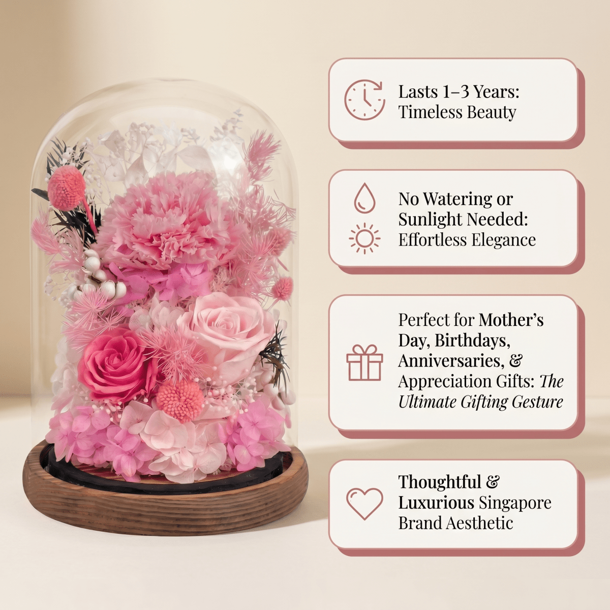 Carnation Bell Dome - Dark Pink - Flowers - Preserved Flowers & Fresh Flower Florist Gift Store