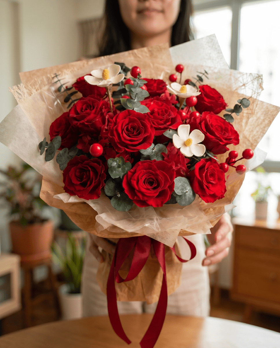 Hana (Rose) - Red Rose with Eucalyptus - Flowers - Original - Preserved Flowers & Fresh Flower Florist Gift Store