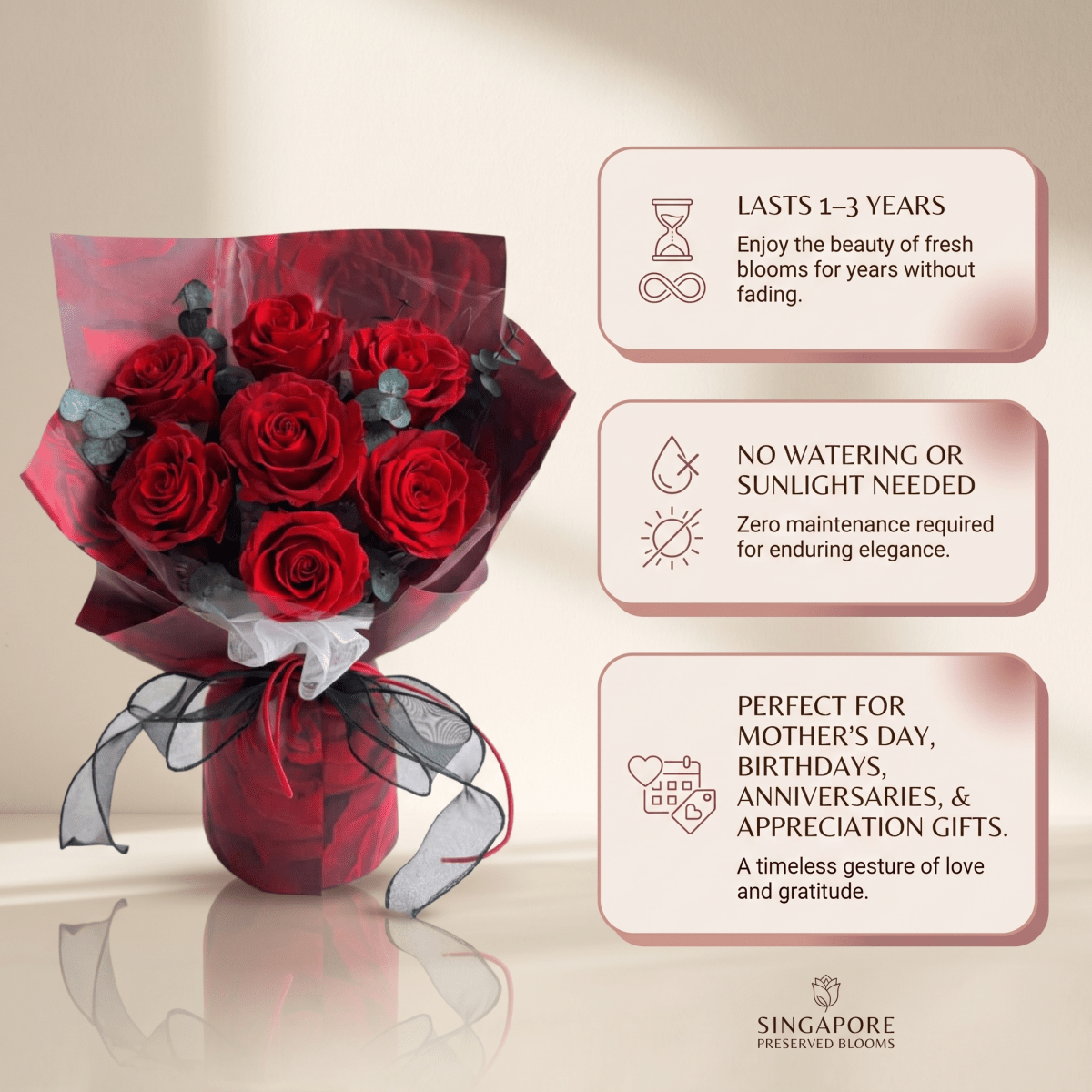 Hana (Rose) - Red Rose with Eucalyptus - Flowers - Original - Preserved Flowers & Fresh Flower Florist Gift Store