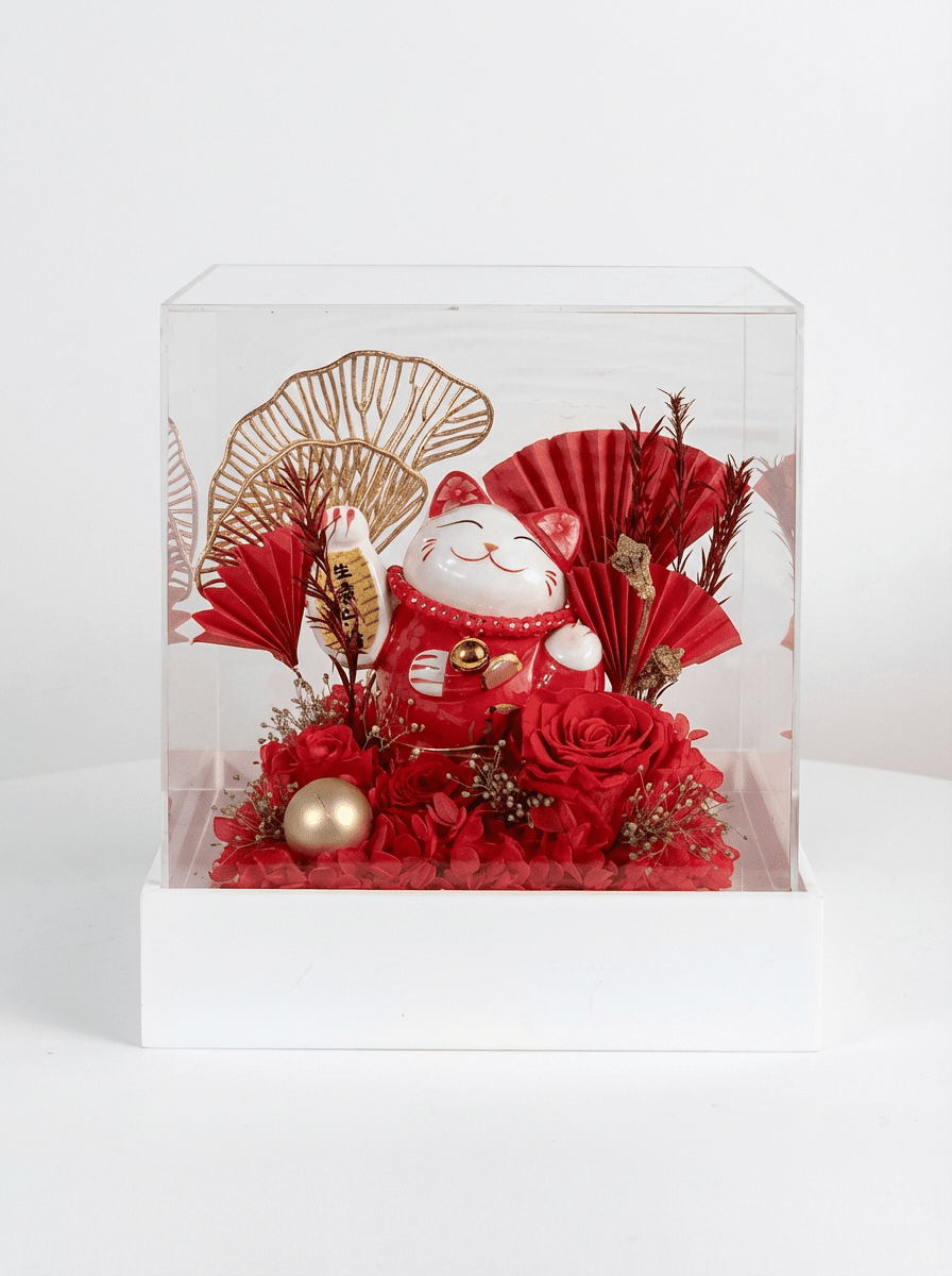 Maneki - Neko 招き猫 Flower Box, Red (Business Prosperity) - Flowers - Preserved Flowers & Fresh Flower Florist Gift Store