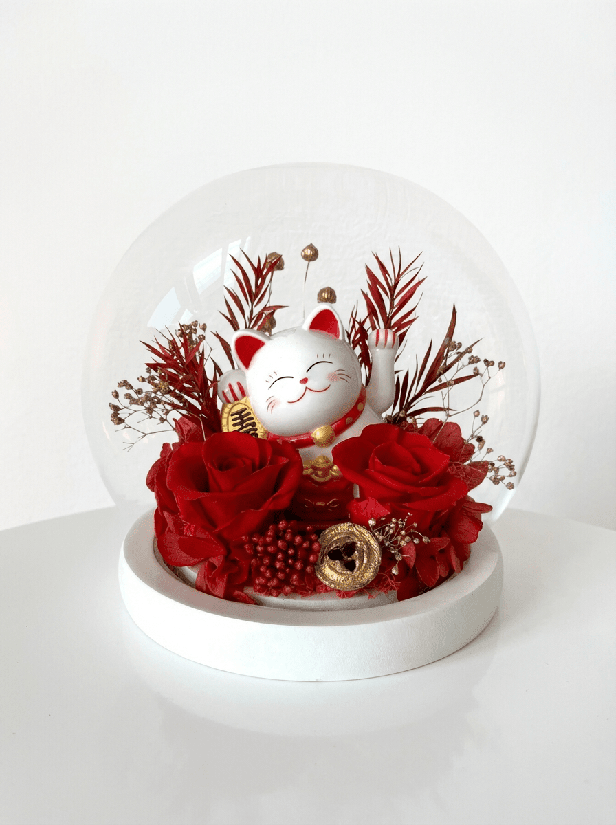Maneki - Neko 招き猫 Fortune Cat (Good Fortune) - Flowers - Red 招き猫 - Preserved Flowers & Fresh Flower Florist Gift Store