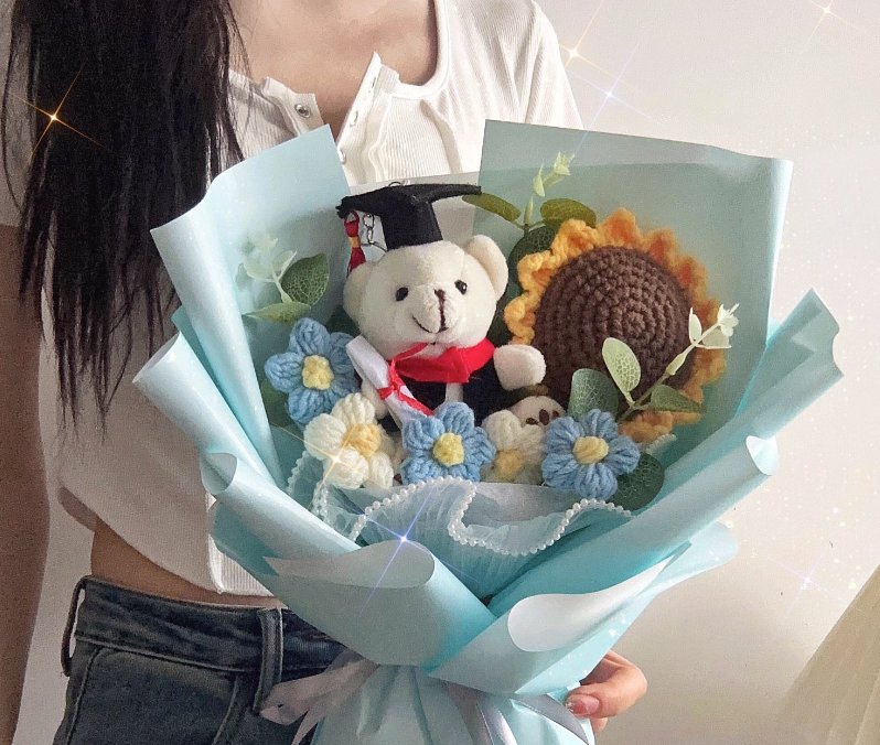 Kuma - Graduation Bear Crochet Flower Bouquet - Flower - Blue - Preserved Flowers & Fresh Flower Florist Gift Store